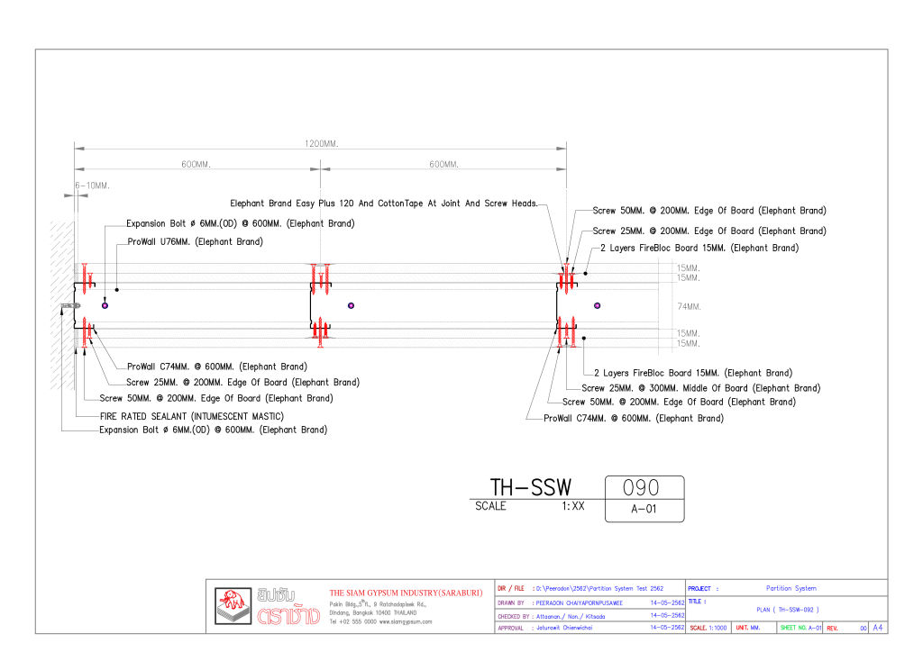 120MINS. FR - 15MM. FIREBLOC BOARD 2 LAYERS WITH PROWALL PARTITION_TH-SSW-090