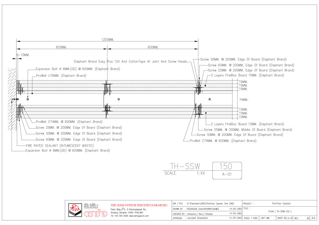 180MINS. FR - 15MM. FIREBLOC  BOARD 3 LAYERS, WITH PROWALL PARTITION_TH-SSW-150